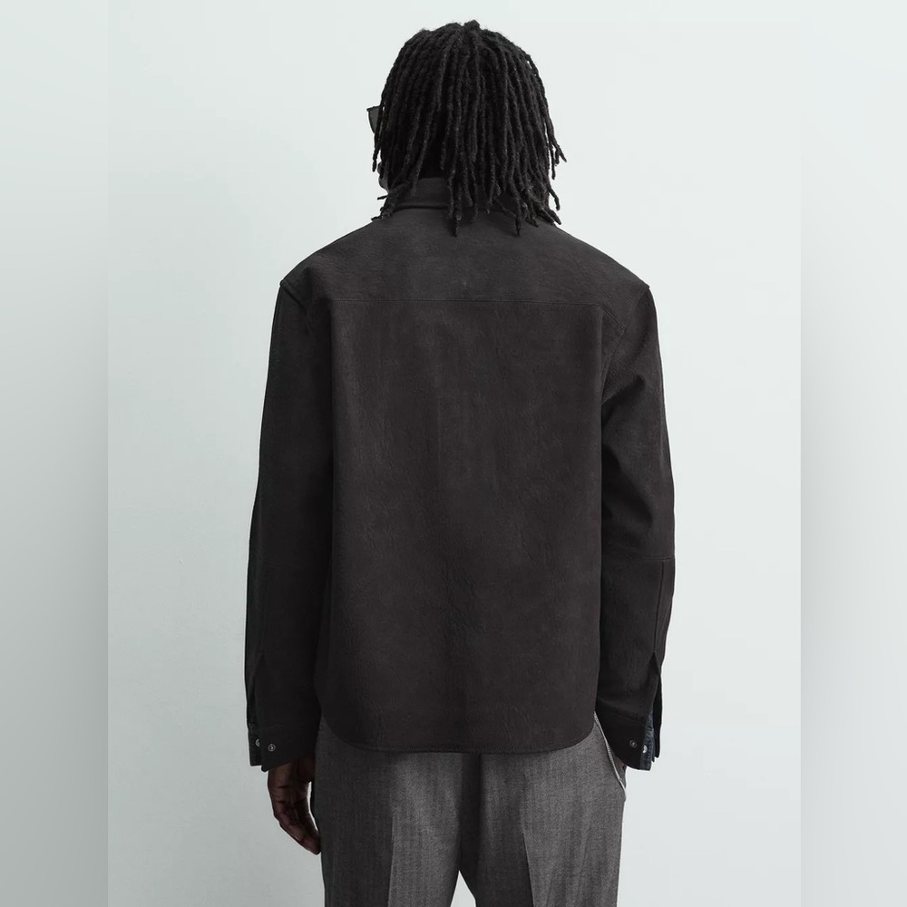 New Zara Relaxed Fit Faux Leather Overshirt Jacket Brown Pockets Button Size XL - Picture 5 of 16
